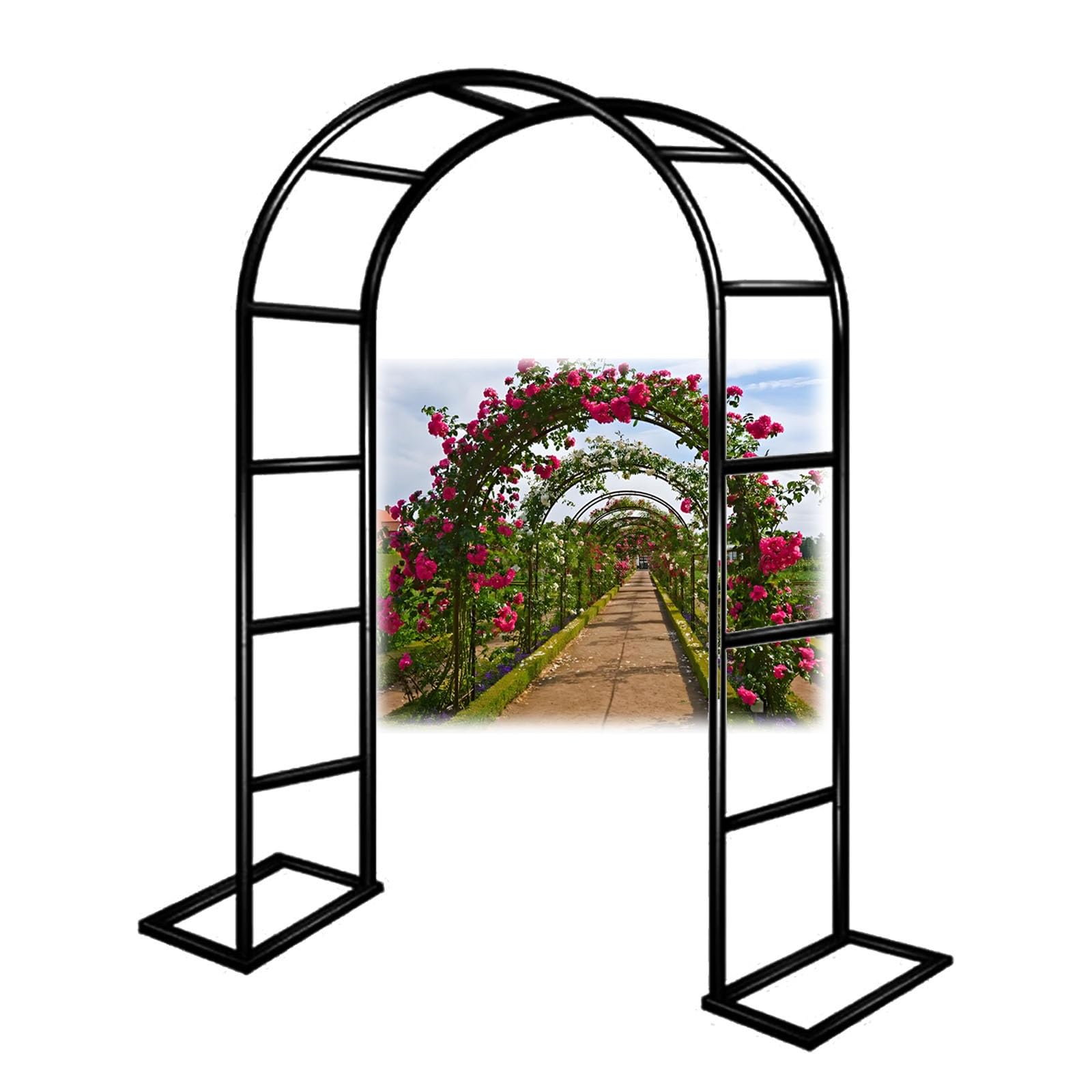 Metall Gartenbogen mit Sockel, 120x220cm Rankhilfe für Kletterpflanzen, Rosenstützlaube, Outdoor Terrasse Pergola, Schwarz Gartendeko, Torbogen für Blumen