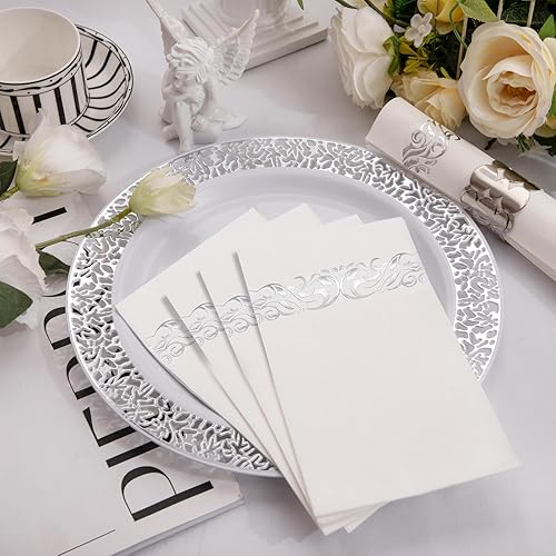 Vista 8 de WDF Paquete de 150 servilletas plateadas desechables de papel, servilletas plateadas de 3 capas, servilletas desechables de alta calidad