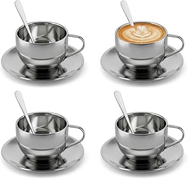4 Pack Stainless Steel Coffee Cup Set, 6Oz Coffee Mug with Spoon and Saucer