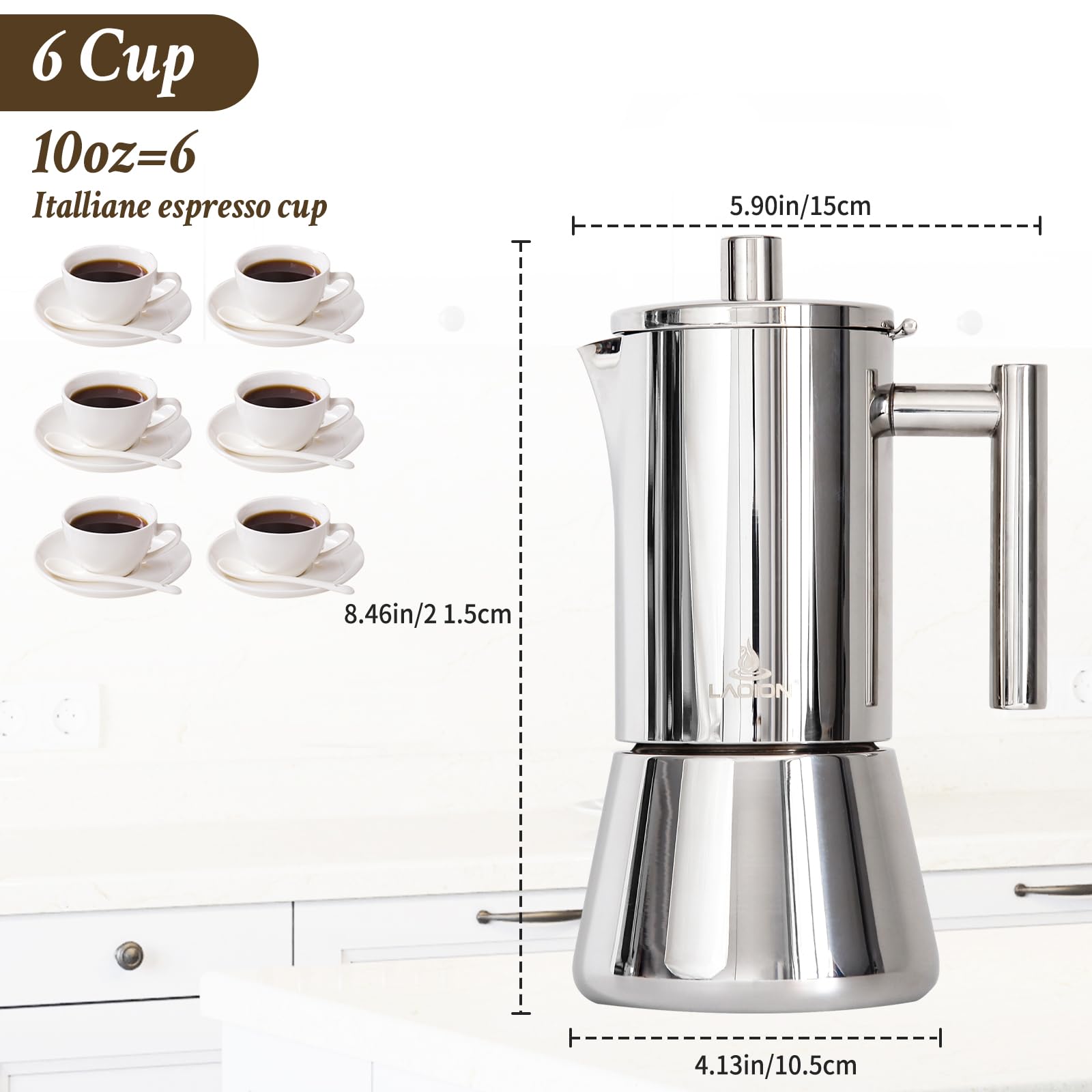 LAOION Cafetera espresso para estufa, cafetera cubana e italiana de acero inoxidable 18/8 para cafetería cubana, compatible con estufa de inducción Greca De Cafe, 300 ml, regalo de café para viajes en