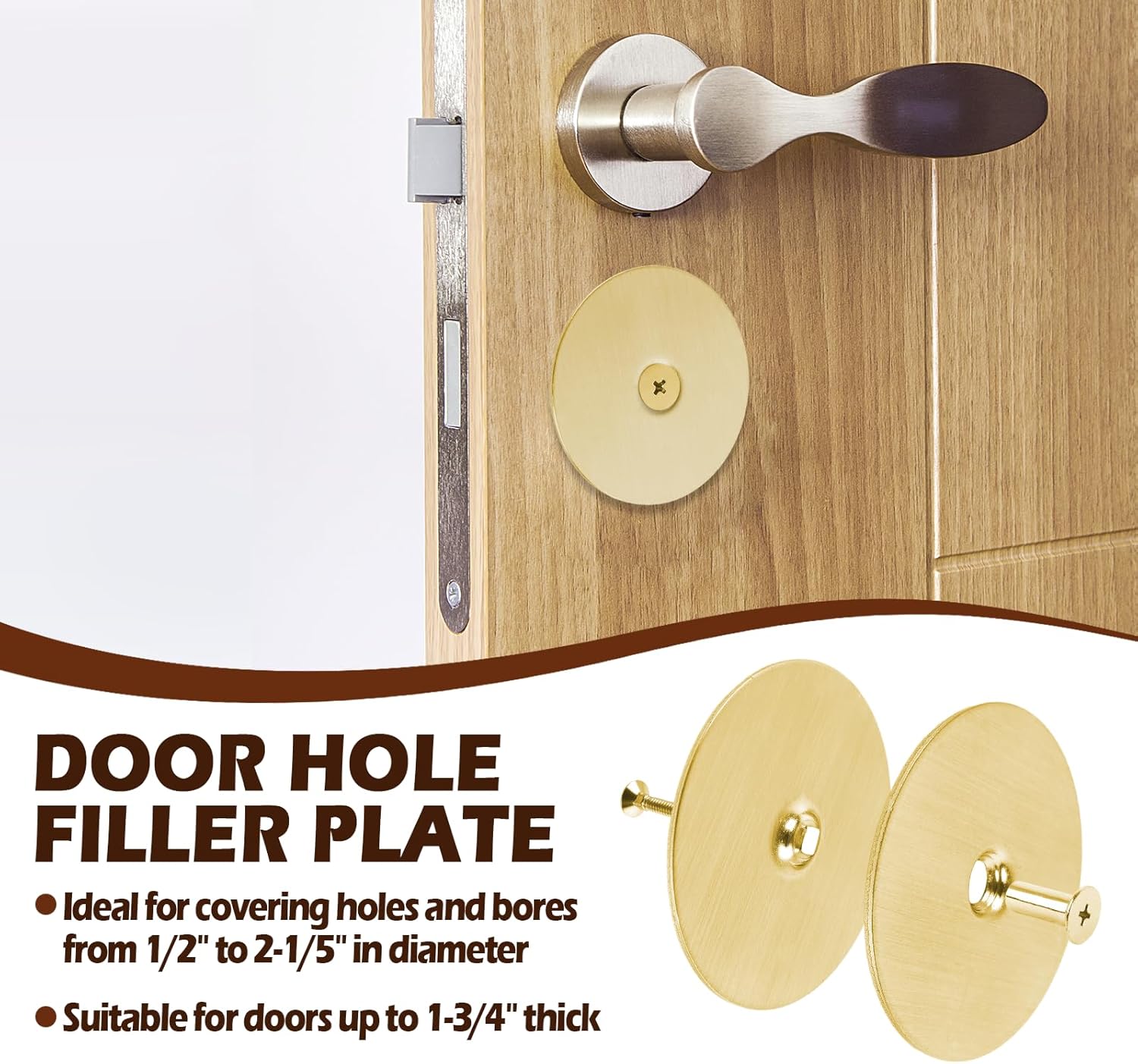 Door Hole Cover Plate, Deadbolt Cover Plate, Door Knob Hole Cover with 1 Inch and 1.5 Inch Connecting Screws, 2-5/8" Diameter, Repair Locks and Doors Hole for Home Security (Gold)