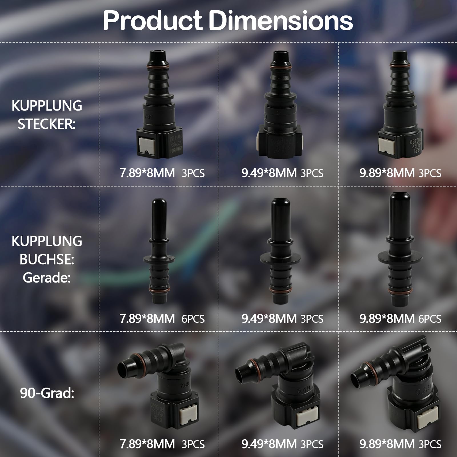 Set di 36 connettori rapidi per tubo carburante, SAE 9,89/9,49/7,89/6,3 mm, connettori ad angolo retto, ID3/6/8 mm ABS, kit di riparazione per auto, moto, barca, carburante, diesel