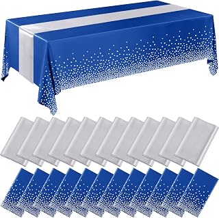 Breling 8 Pack Navy Blue and Silver Tablecloths and Satin Runners Set | 54x108 Inch Disposable Tablecloth and 12x108 Inch Satin Runners for Wedding Birthday Party Baby Shower Christmas New Year