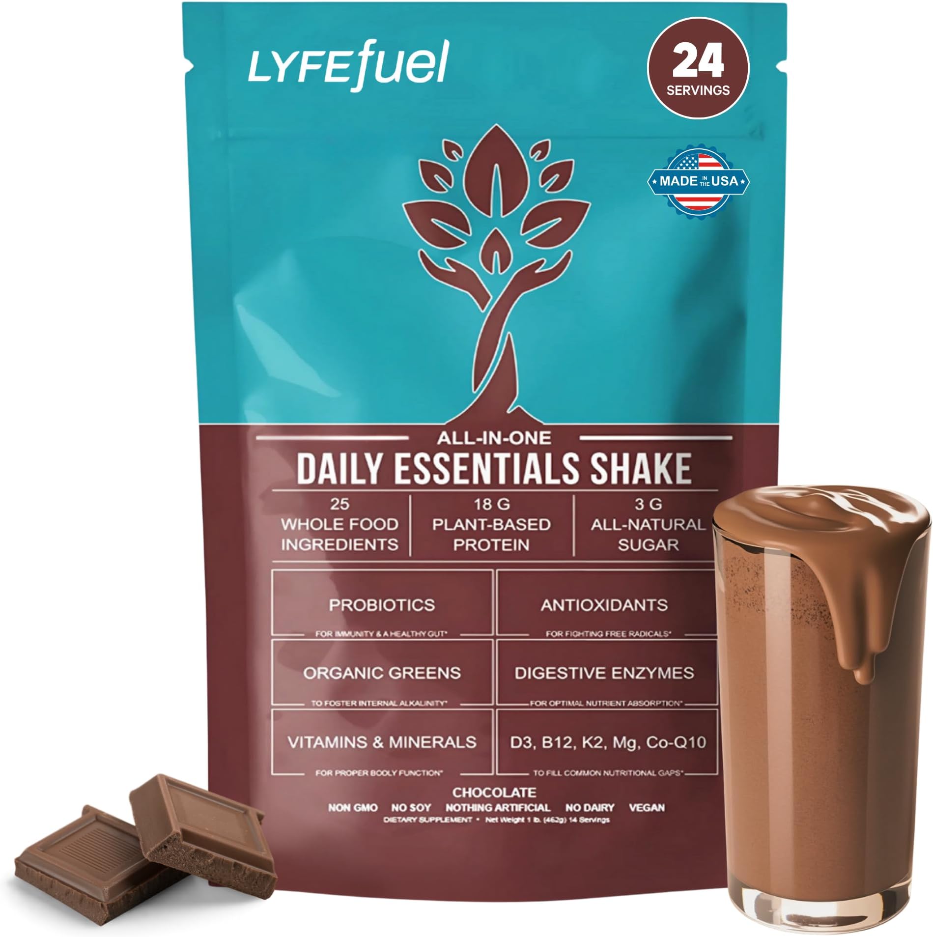 LyfeFuel Essentials Nutrition Shake - Not Your Average Meal Replacement Powder | 50+ Superfoods, Vegan Protein, Vitamins & Minerals | Low Carb Plant Based Breakfast Shake | Chocolate Flavor