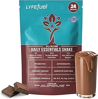 LyfeFuel All-in-One Essentials Nutrition Shake | Complete Meal Replacement Powder | 50+ Superfood Blend, 18g Plant-Based Protein - Chocolate, 24 Servings