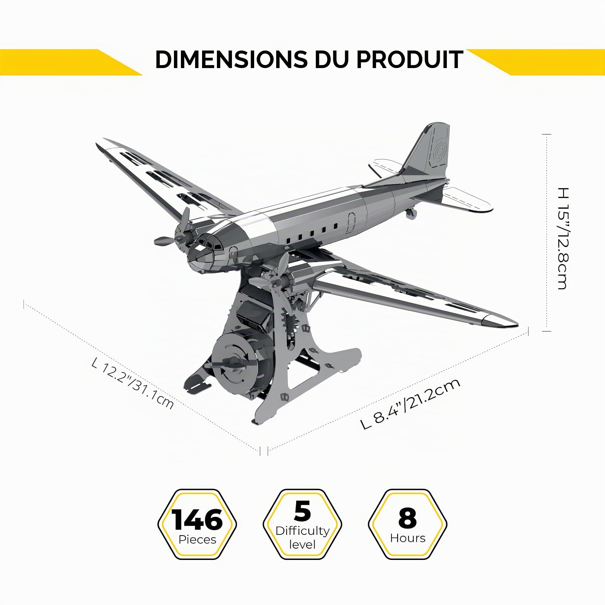 METAL-TIME REMARQUABLE Douglas, modèle Douglas DC-3, kit de Construction mécanique de modèle d'avion en métal 3D, Construction de Bricolage en Acier Inoxydable avec boîte à Outils - 146 pièces.