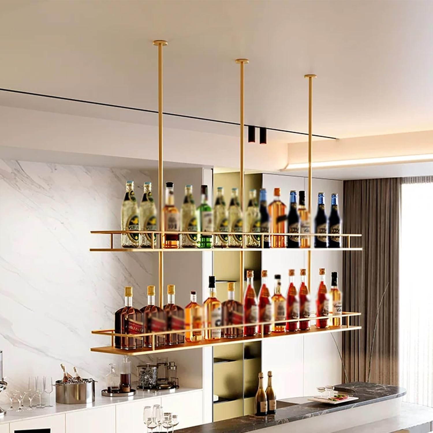 Ceiling Wine Glass Rack, 2-Tiers Liquor Bottles Floating Shelves Display Storage Organizer, with Guardrail Hanging Shelf for Restaurant Bar Kitchen(Black,120x25x90cm)