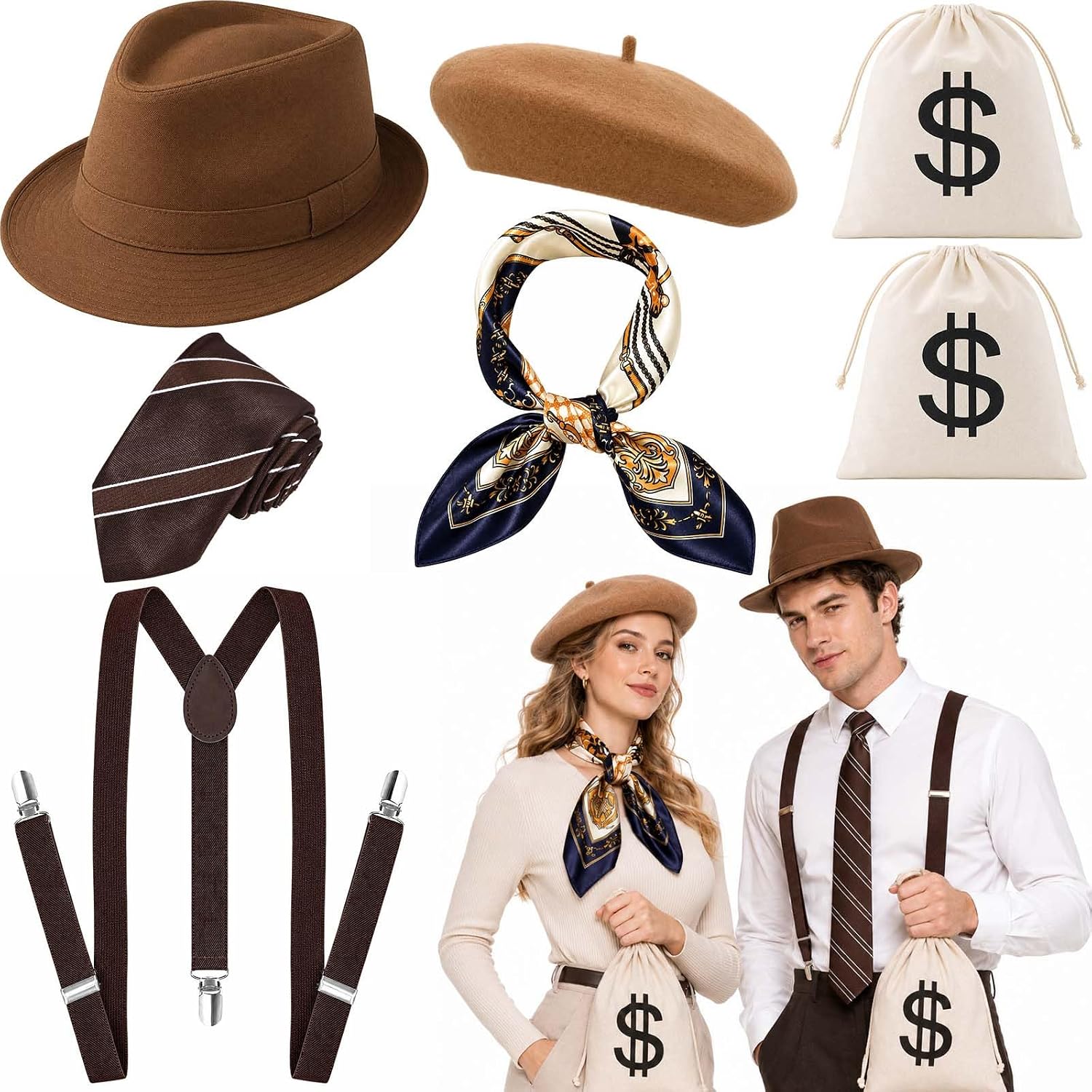 7 Pcs Gangster Couple Costume Accessories Set, Brown Fedora, Beret, Suspenders for Halloween Party Dress Up