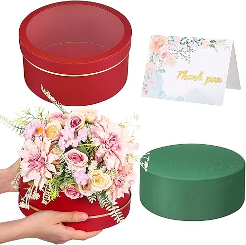 Nuenen 4 cajas de regalo redondas para el día de San Valentín con tapas, tarjetas de felicitación florales de agradecimiento de espuma floral, juego