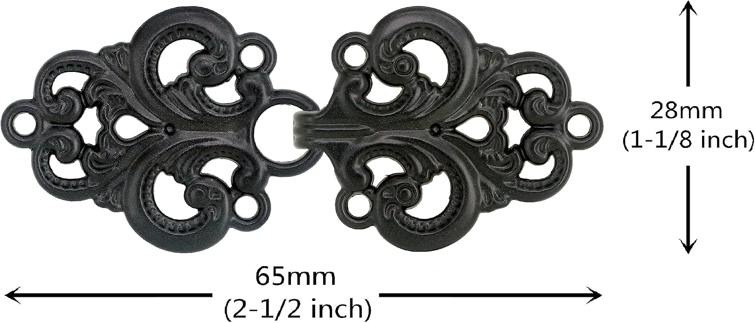 bezelry 4 Pairs Swirl Flower Cape or Cloak Clasp Fasteners. 65mm x 28mm Fastened. Sew On Hooks and Eyes Cardigan Clip image 2