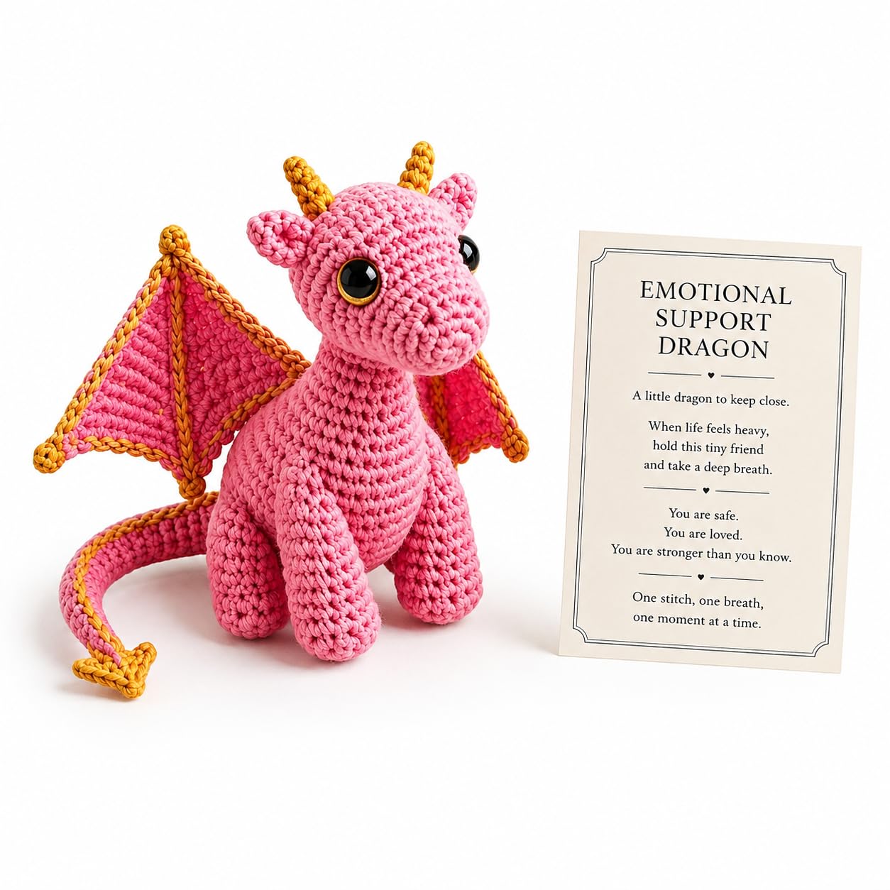 Emotional Support Dragon Pocket Buddy, Cute Handmade Plush Stuffed Animals with Encouragement Card, Anxiety Relief Desk Decor, Fantasy Gift for Students & Adults (Pink)