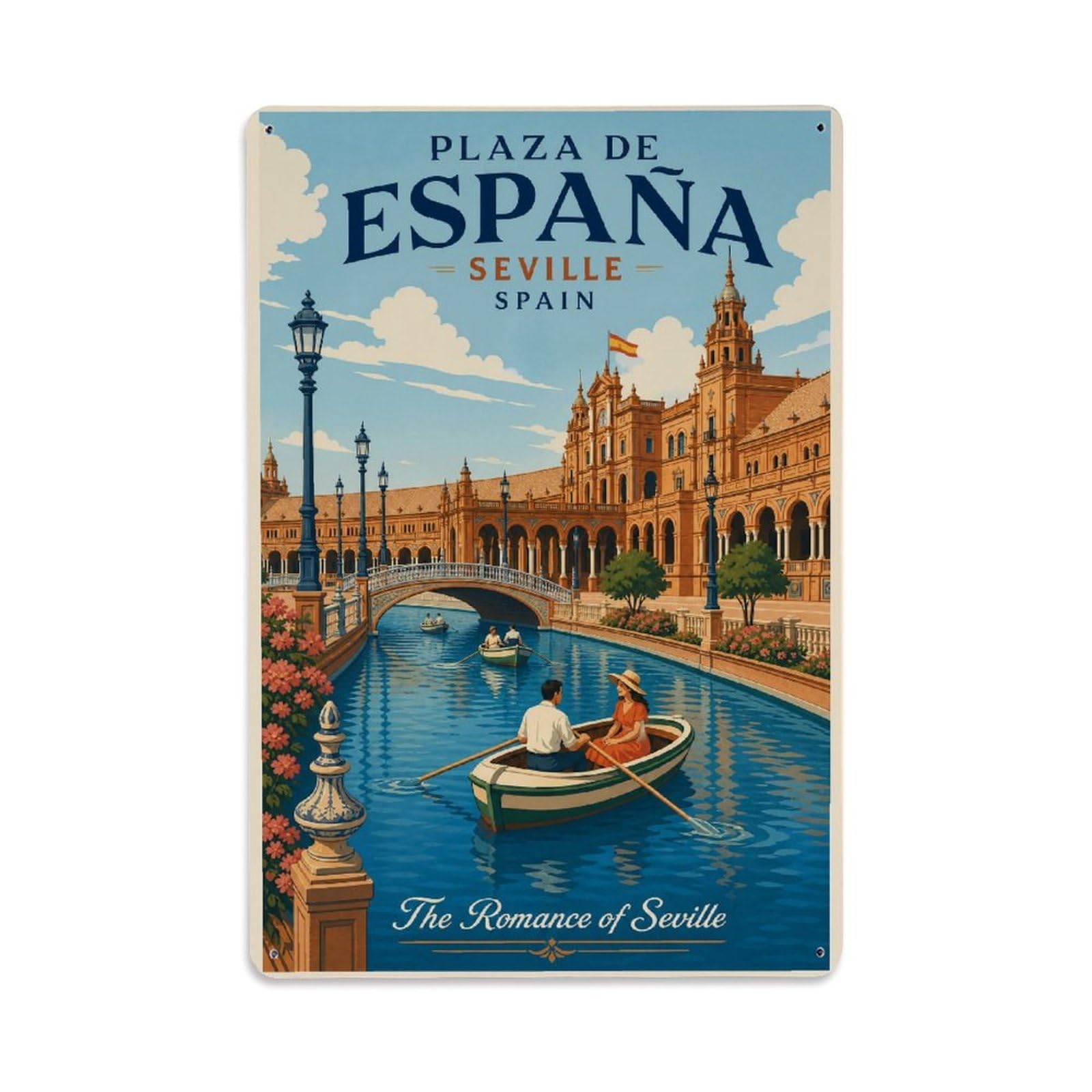 Yrnq 08X12inch Vintage Style Vintage Plaza Espana Canal Boats Rowing Romantic Spain Metal Tin Sign