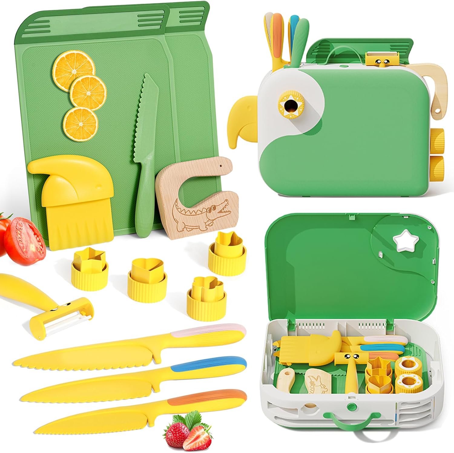 Montessori Kitchen Tools for Toddlers,Kids Knife for Real Cooking,Toddlers Knife Set with Storage Box Kids Safe Knives Children Cutting Set for Girl Boy,Montessori Toys for Kitchen Set -Green