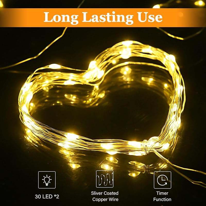 cshare 2 db Elemes Tündérfény Időzítővel - 2m 20 LED Meleg Fehér Rézhuzalos Fényfüzér - IP65 Vízálló Dekoráció Szobába, Kertbe, Karácsonyi D