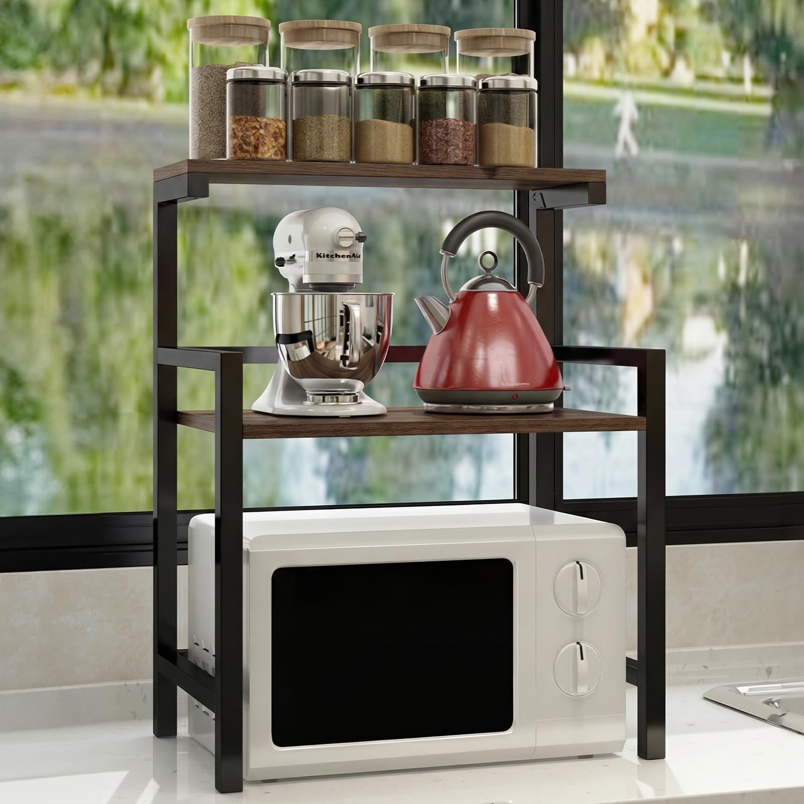 HAUSPROFI 3 Stufig Mikrowellenregal Küche Arbeitsplatte, Mikrowellenregal Küchenorganizer, Platzsparendes Regal für Küche Arbeitsplatte, für Mikrowellen, Toaster, Airfryer, 67 x 52 x 35 cm