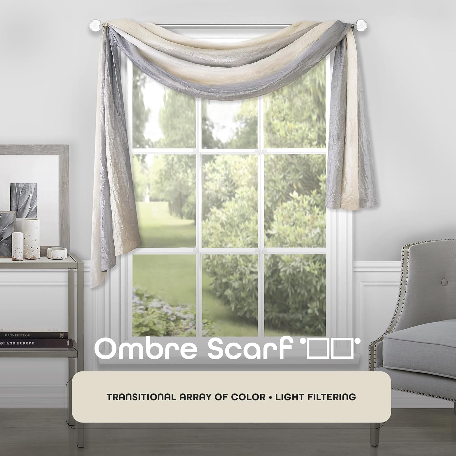 ACHIM Ombre Light Filtering Window Curtain Scarf - 50 Inch Width, 144 Inch Length - Grey - Ultra-Soft Fabric with Vertical Variegated Design - Machine Washable Home Decor