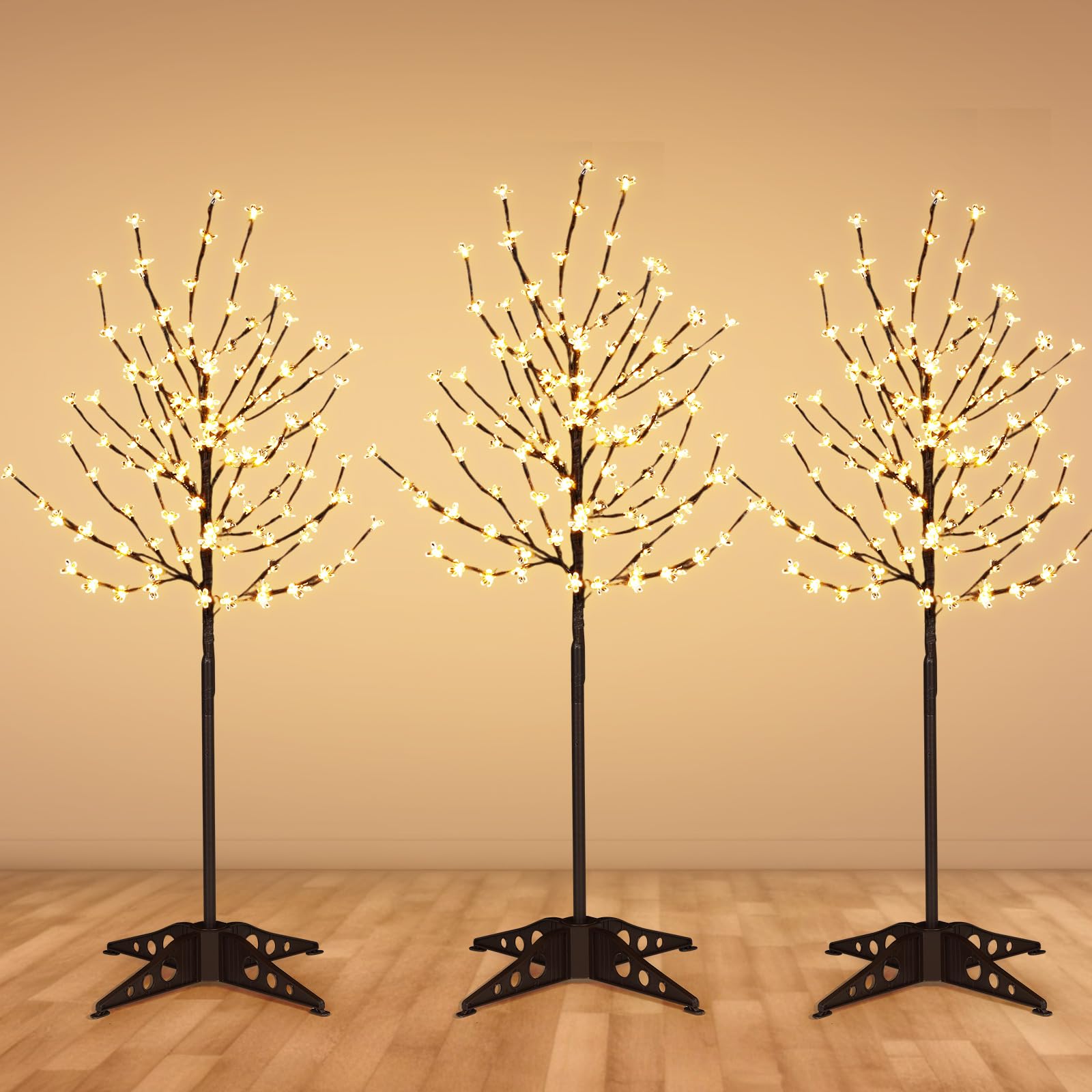 Coume 4 FT 3 Pcs Lighted Cherry Blossom Trees 4 Dimming Function 360 LEDs Pre-lit Artificial Bendable Branches Inside Outside Twinkling Lights Trees for Spring Patio Wedding Anniversary Festival