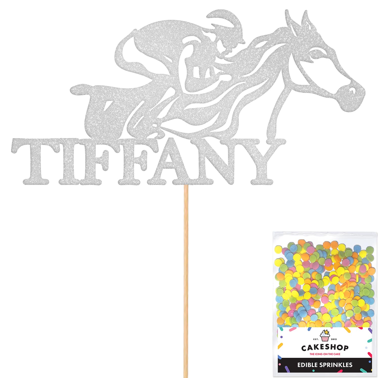 Personalised Horse Racing Jockey Glitter Cake Topper - Light Silver Custom Age & Name Glitter Cake Decoration and Sprinkles - Happy Birthday Decorations - Personalised Toppers for Cakes by Cakeshop