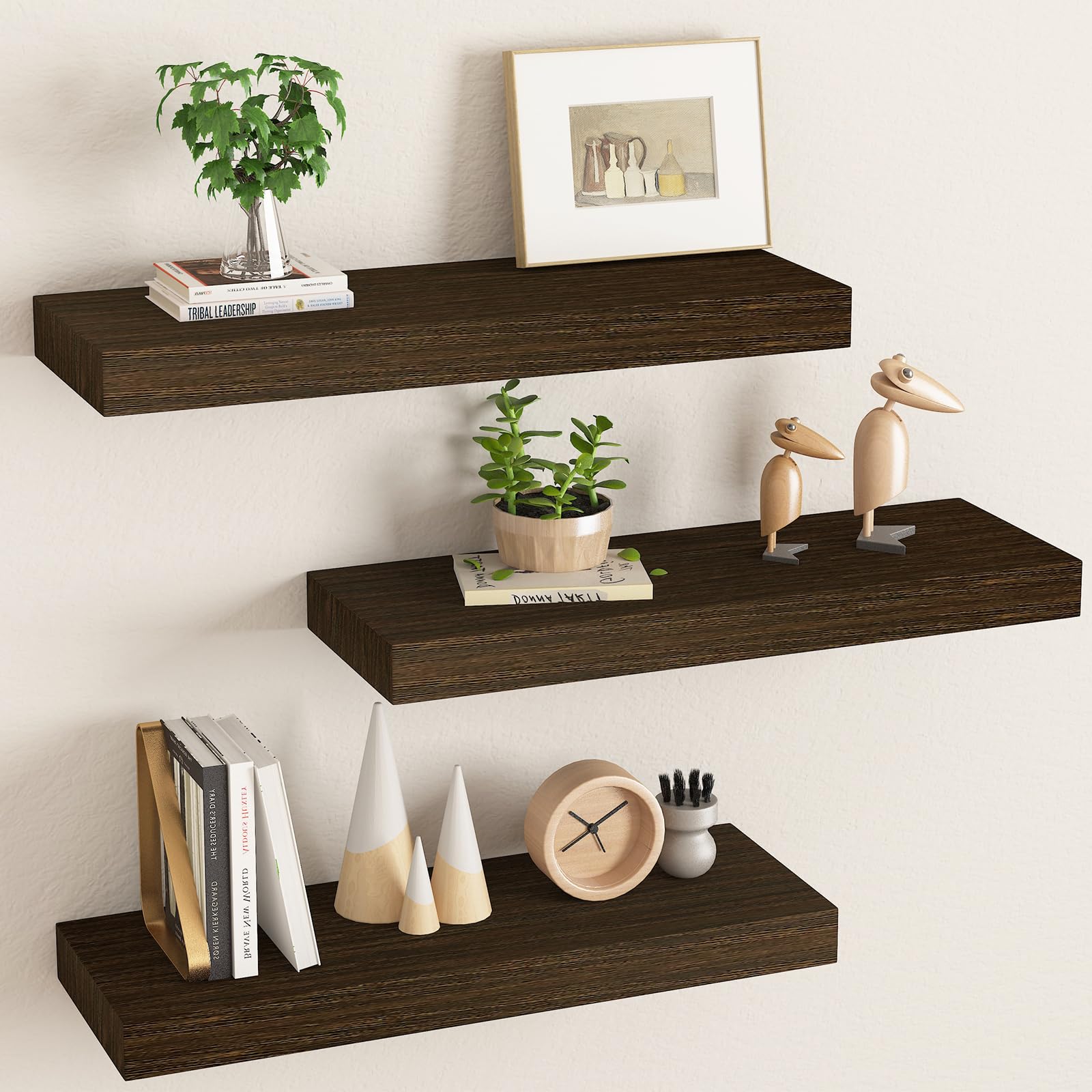 wall shelves, floating shelves for wall, wall mounted wood shelves for bedroom laundry living room, solid wood display shelves decor (brown, 17 inch)