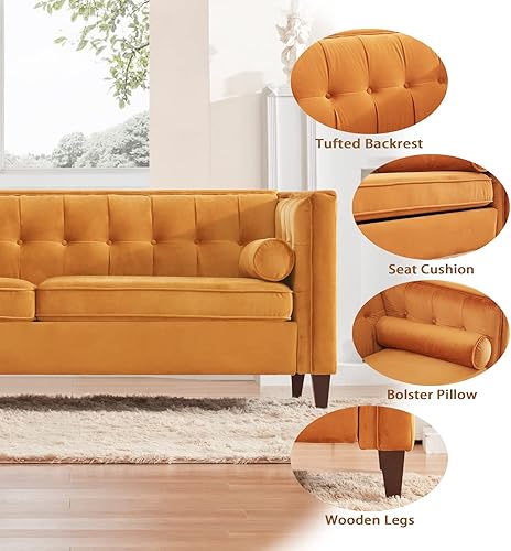 Miniatura 14 de Sofá Dreamsir de terciopelo de 78 pulgadas de ancho, muebles de mediados de siglo con almohadas de refuerzo, sofá con botones para sala de estar,