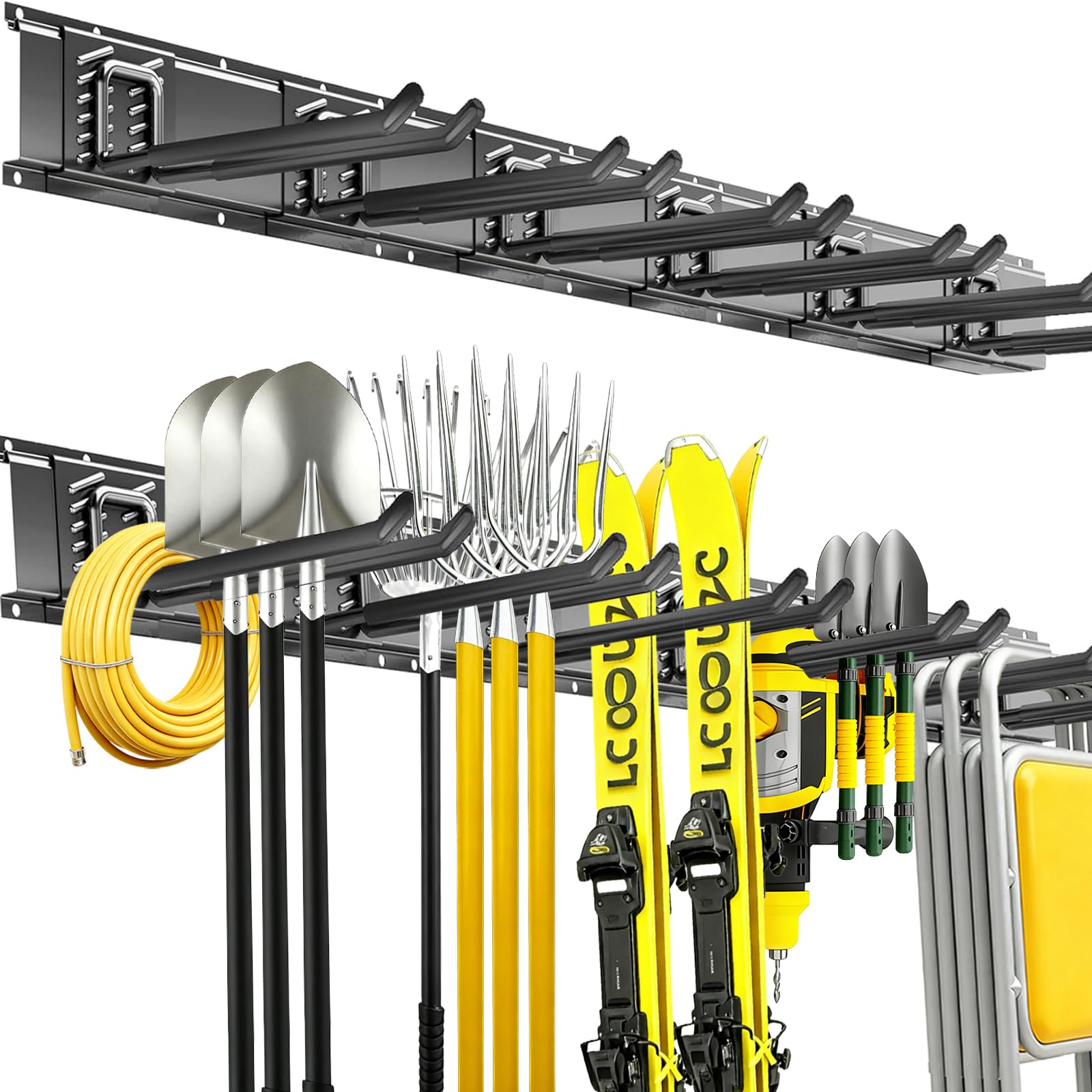 Garage Tool Organizer Wall Mount, 48 Inch Heavy Duty Garden Tool Organizer Storage System, Easy Install with 6 Adjustable Straight Hooks, for Garage, Basement, Shed, Workshop, Black, Steel