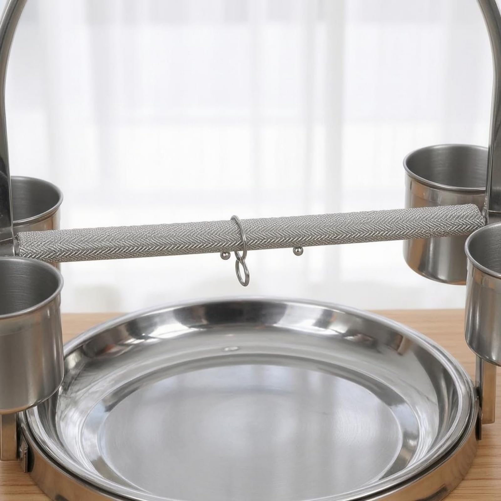 Soporte para Aves Cuatro Recipientes Barra Horizontal Soporte para Aves Acero Inoxidable Acabado Pulido, Mediano