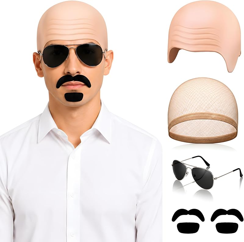 Kit de maquillaje Bald Cap con barba, cejas y lentes postizas | Juego de maquillaje de personajes de 7 piezas con gorro calvo, gorro de peluca y accesorios para maquillaje facial, espectáculos teatrales y actividades fotográficas.