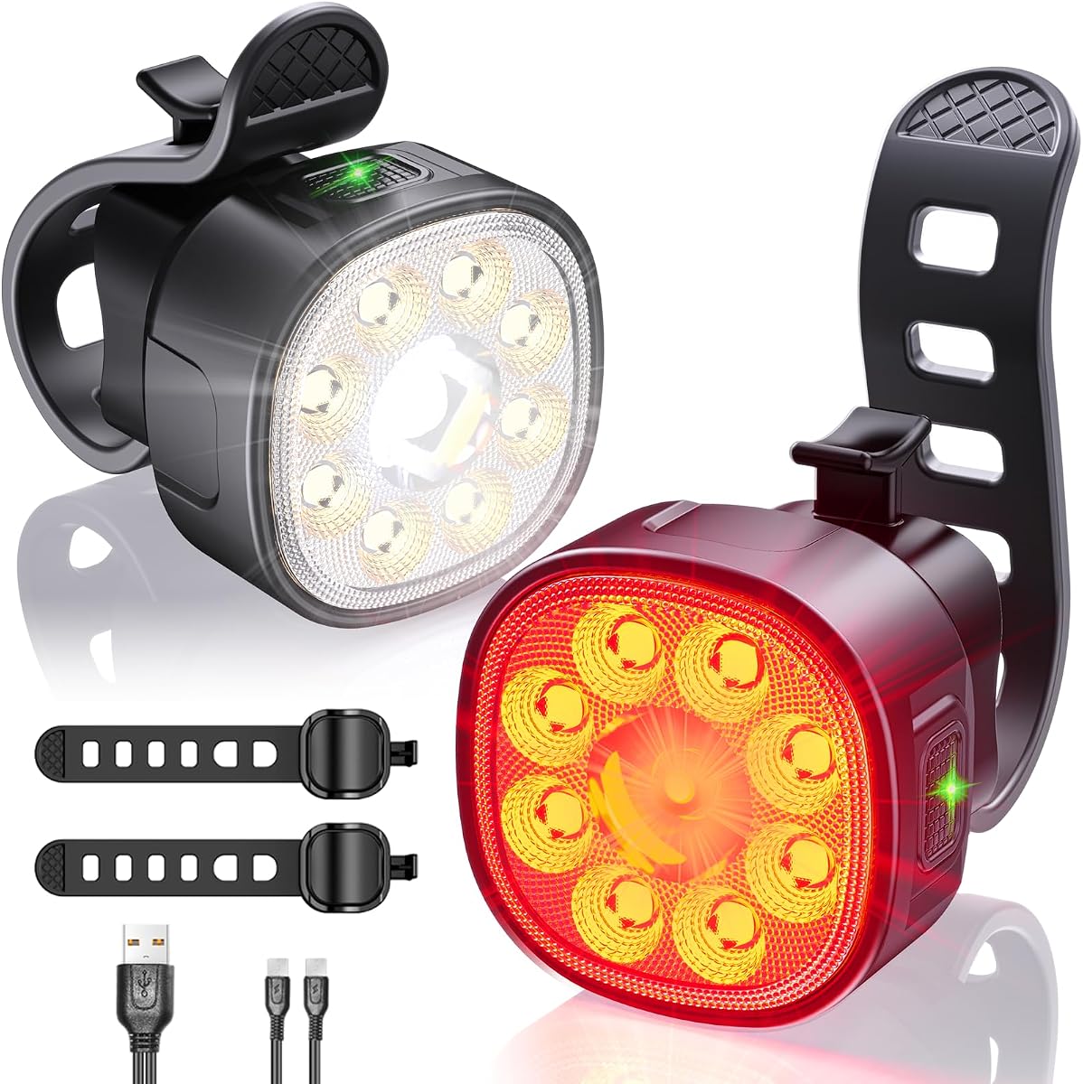 Bike Lights Kit 9LED Bike Headlights High & Low Beams, Ultra-Light and Bright Bicycle Lights, Waterproof Bike Lights for Night Riding, USB-C Bicycle Front and Rear Lights