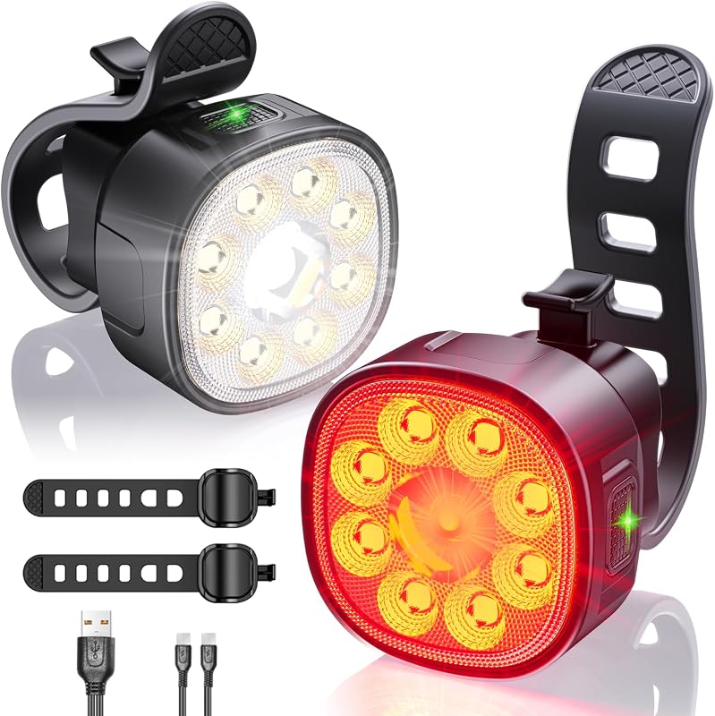 Bike Lights Kit 9LED Bike Headlights High & Low Beams, Ultra-Light and Bright Bicycle Lights, Waterproof Bike Lights for Night Riding, USB-C Bicycle Front and Rear Lights