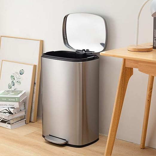 Kitchen Trash Can With Lid For Office Bedroom Bathroom Step Trash Bin Fingerprint-Proof Brushed Stainless Steel Garbage Can 13 Gallon / 50 Liter, Black