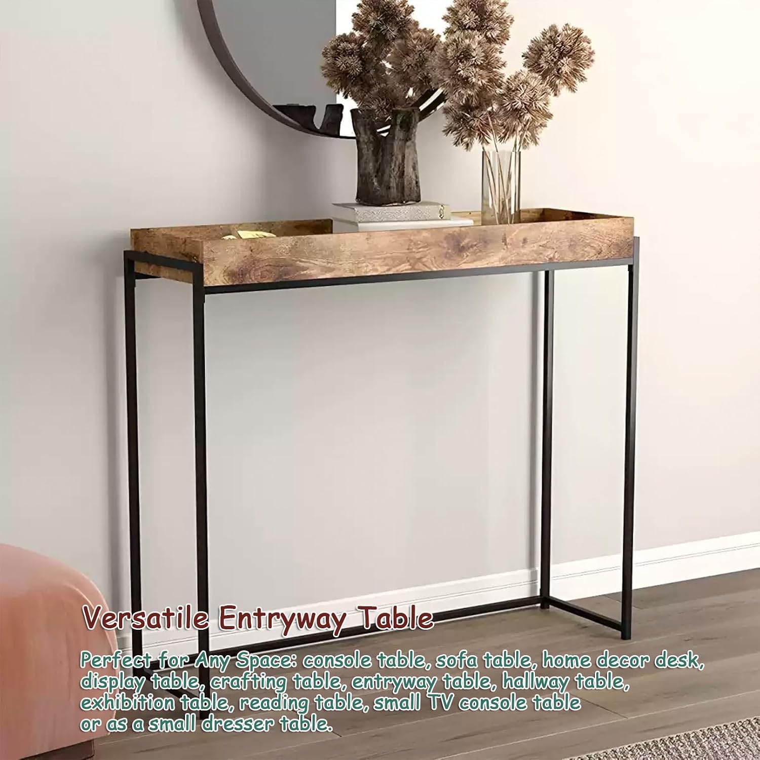 Rustic Console Table, Sofa Tables for Entryway, Narrow Stand with Storage Shelf, Metal Wood Accent Table for Hallway, Living Room, Foyer(Brown,70 * 30 * 80cm)