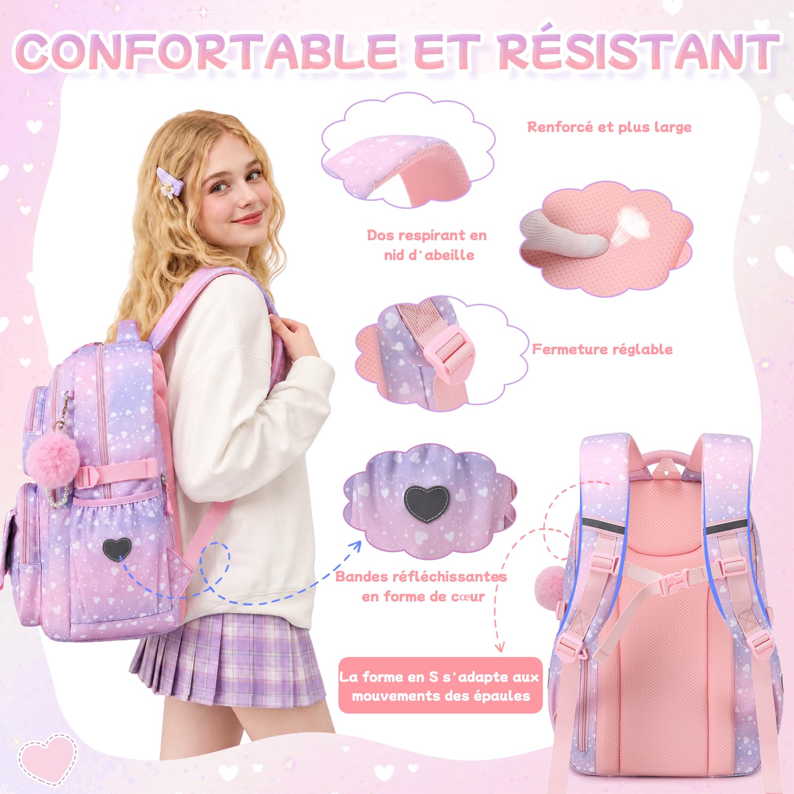 Sisipoet Sac à Dos Enfant Fille, Cartable Fille Primaire, Sac a Dos à Paillettes et Coeurs, Sacs à Dos Loisir Imperméable et Respirant avec Pompon pour L'école et Les Loisirs