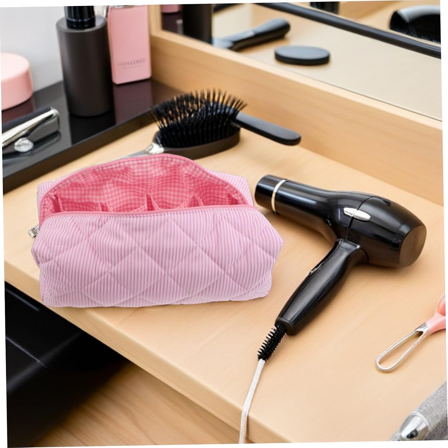 KICHOUSE Large Capacity Hair Dryer Storage Bag with Multiple Pockets, Waterproof Hair Tool Organizer Case for Daily Home Use and Travel, Sturdy Cloth and Cotton Material with Structured