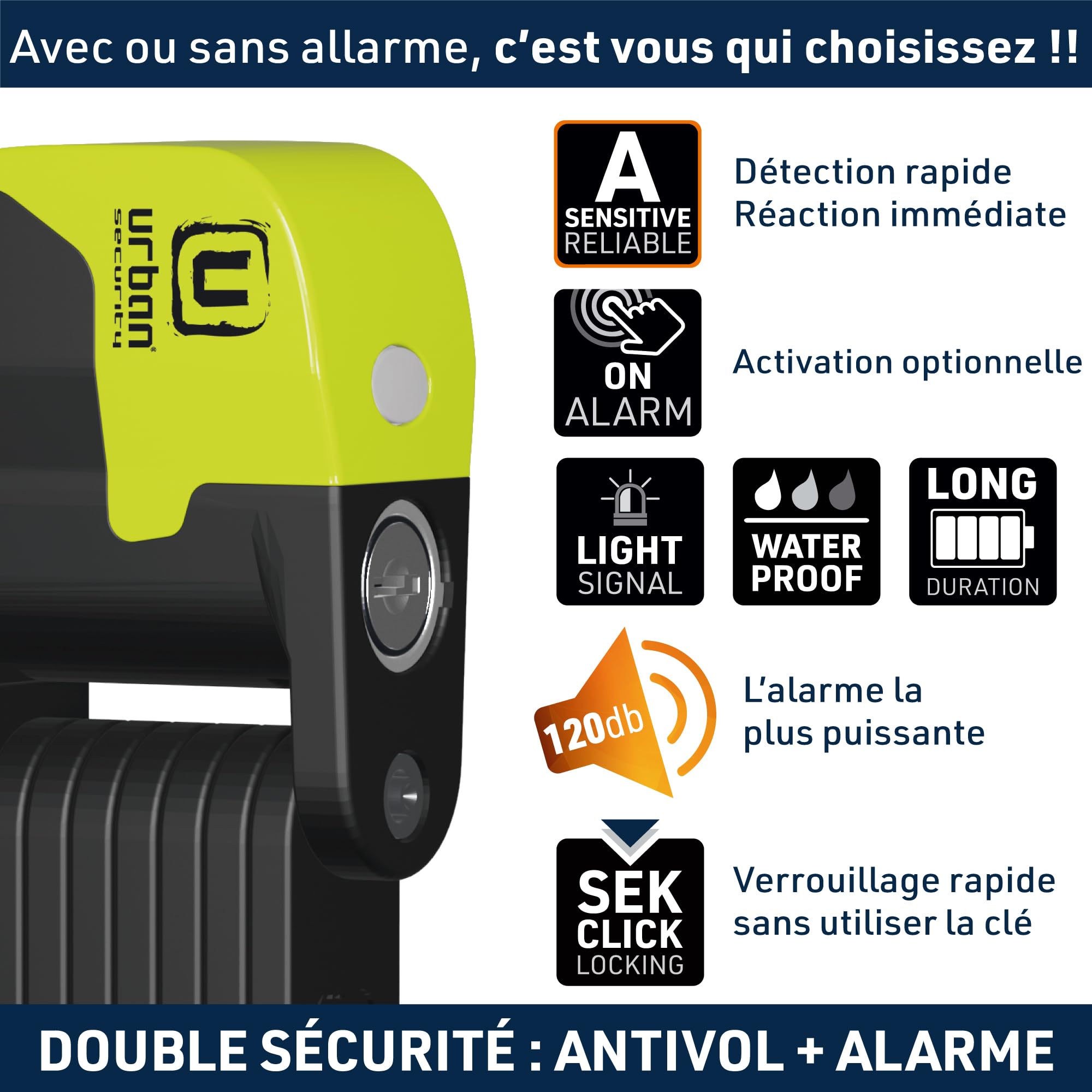 URBAN UR476Y Innovant Antivol Velo avec et sans Alarme 120dB Hi-Tech, Antivol Pliable 2en1 Sécurisé, Support Plus Fonctionnel et Transport Sans Bruits, Cadenas Velo Trottinette Électrique 90cm