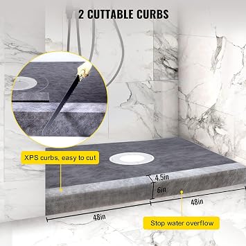 VEVOR Shower Curb Kit, 48x72 Watertight Shower Curb Overlay with 4 ABS Central Bonding Flange, 4 Stainless Steel Grate, 2 Cuttable Shower Curb and Trowel, Shower Pan Slope Sticks Fit for Bathr
