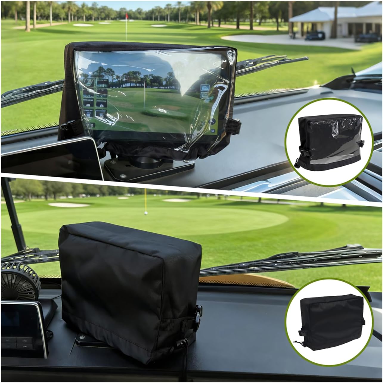 2PACK Waterproof Golf Cart Touchscreen Cover-Clear See-Through & Touchable, Evolution Golf Cart Accessories, Oxford Fabric with Drawstring, Sun/UV & Dust Protection,11"x4.5"x7"