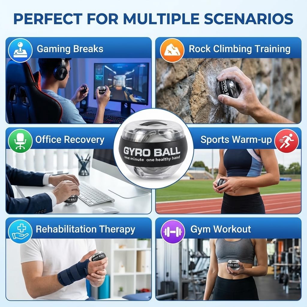 Wrist Ball, Gyro Ball Wrsit Exceciser, Battery-Free 6-Stage Color-Changing LED Gyro Ball, Torque Ball, Forearm & Grip Strength Trainer for Muscle Recovery, Stress Relief & Office Workers