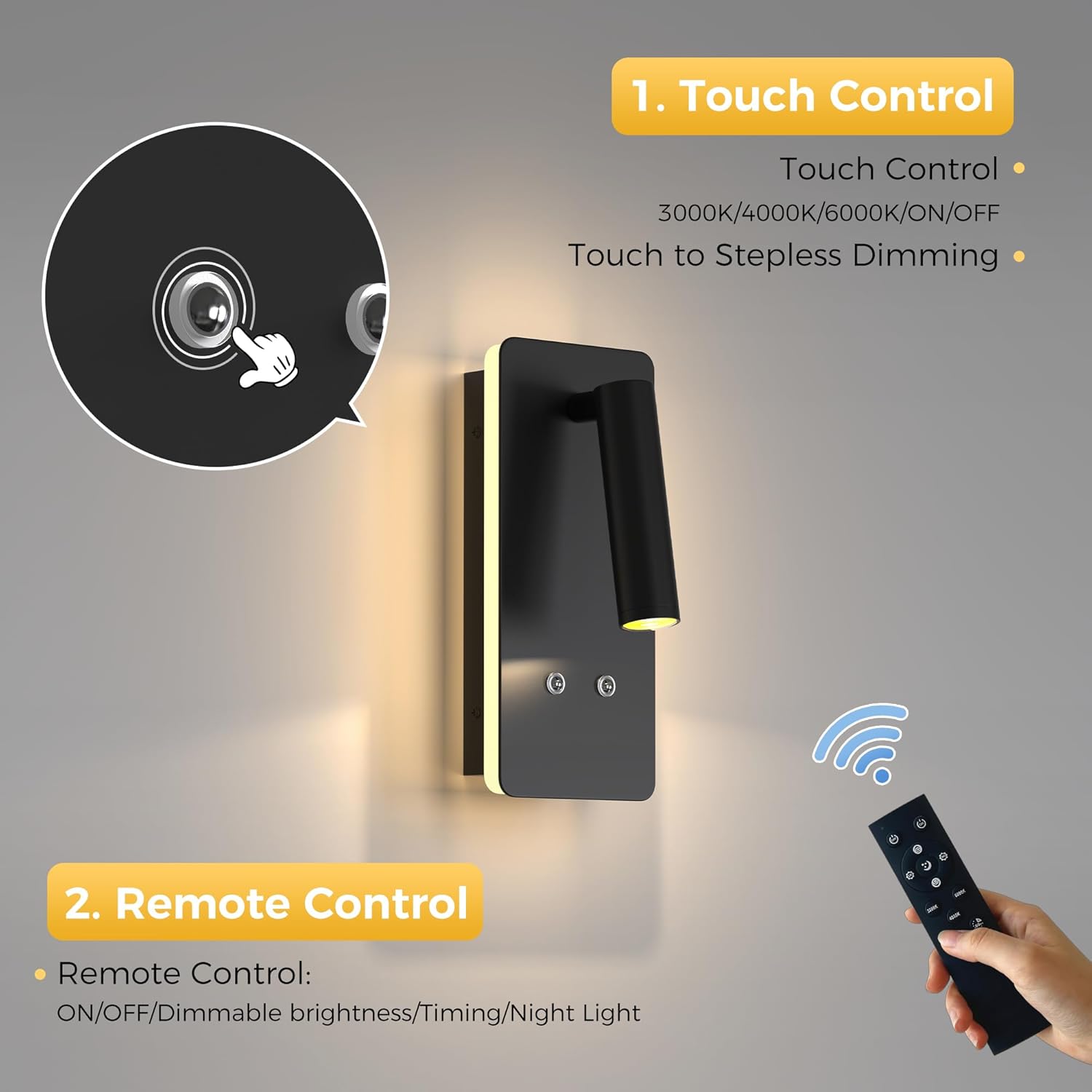 L LOHAS LED Wall Mounted Reading Light, Wireless Wall Sconces Set of 2, Battery Operated Wall Lamp with Remote & Type-C Charging, Dimmable Bedside Lamp for Bedroom, Living Room, Black