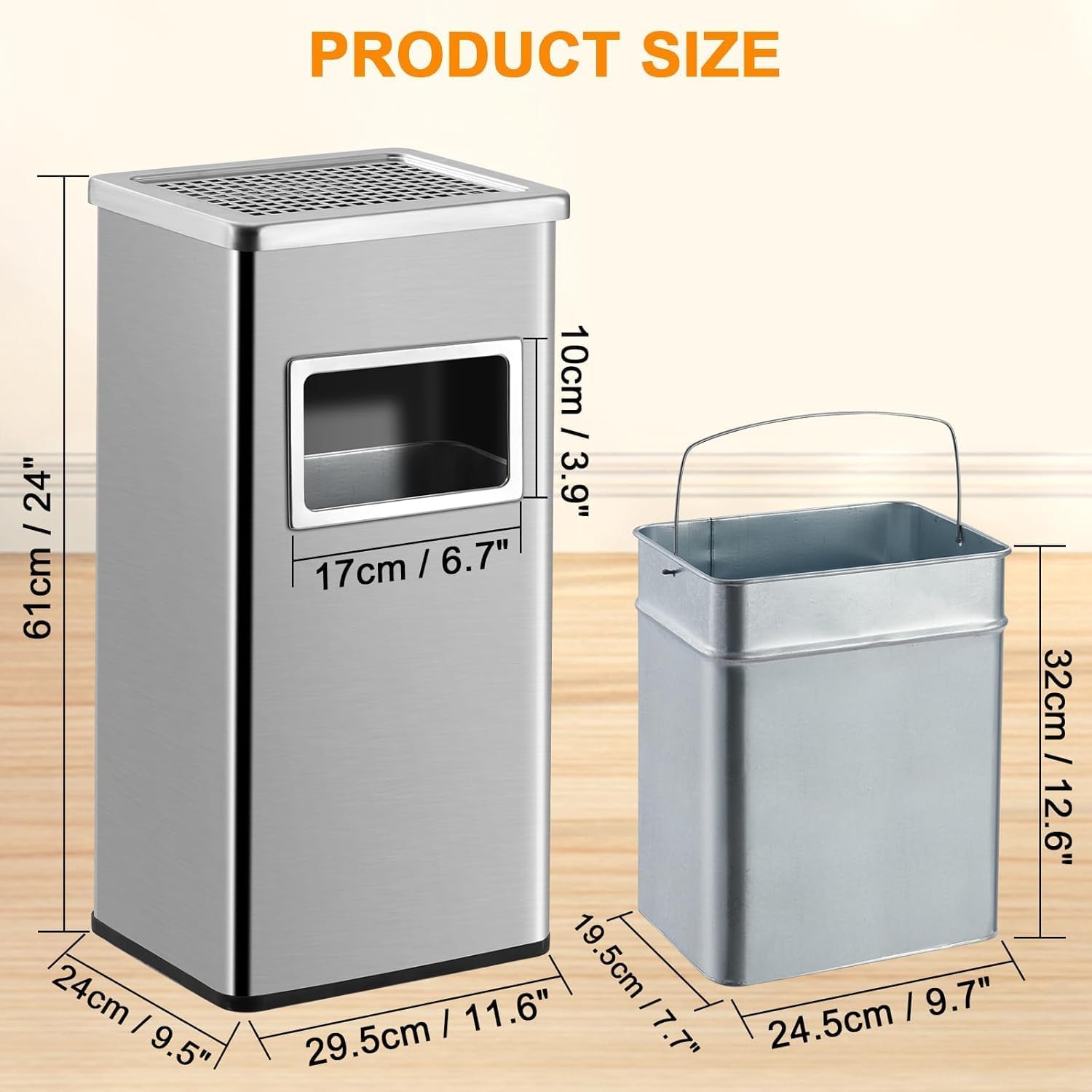 Stainless Steel Trash Can Outdoor Indoor, Industrial Garbage Enclosure Commercial Trash Can with Lid, Removable Inner Bucket & Ashtray Garbage Can for Office, Elevator Entrance, 8 Gallons
