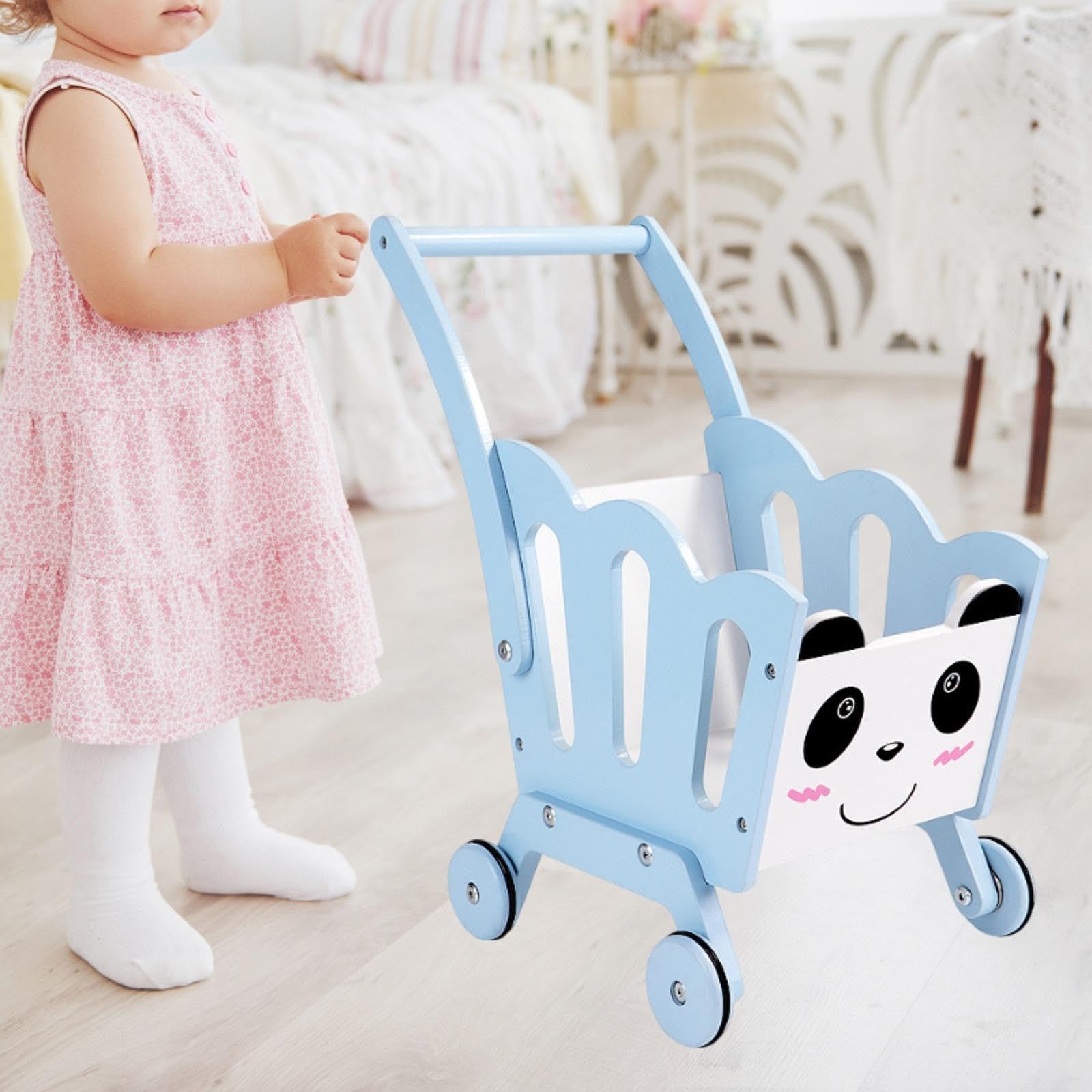 Einkaufswagen Kinder Spielzeug Lauflernhilfe Holzspielzeug Aufbewahrung Organizer für Rollenspiel Lernspielzeug Kinderzimmer, Blau