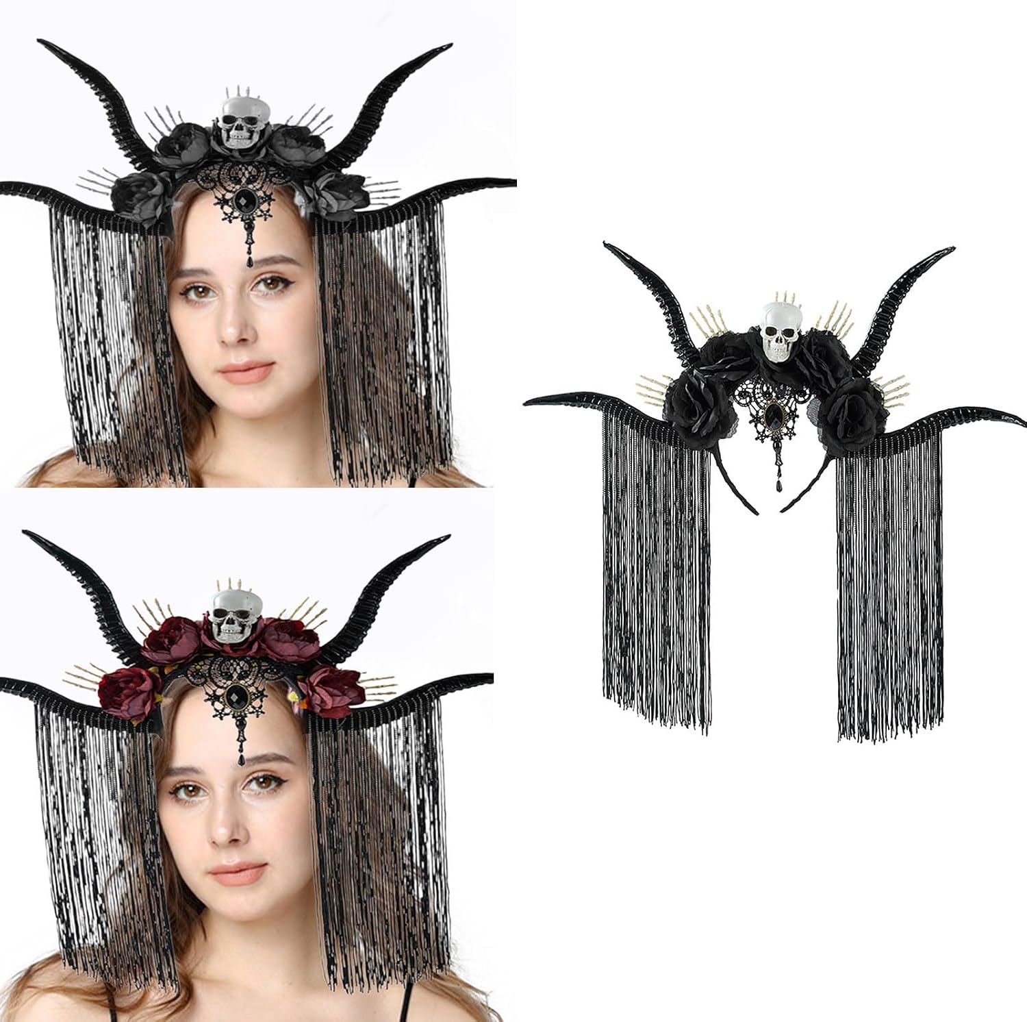 Halloween Dark Artificial Flower Skull Antelope Horn Headpiece,Gothic Hairband For Festival Party Roleplay Accessory