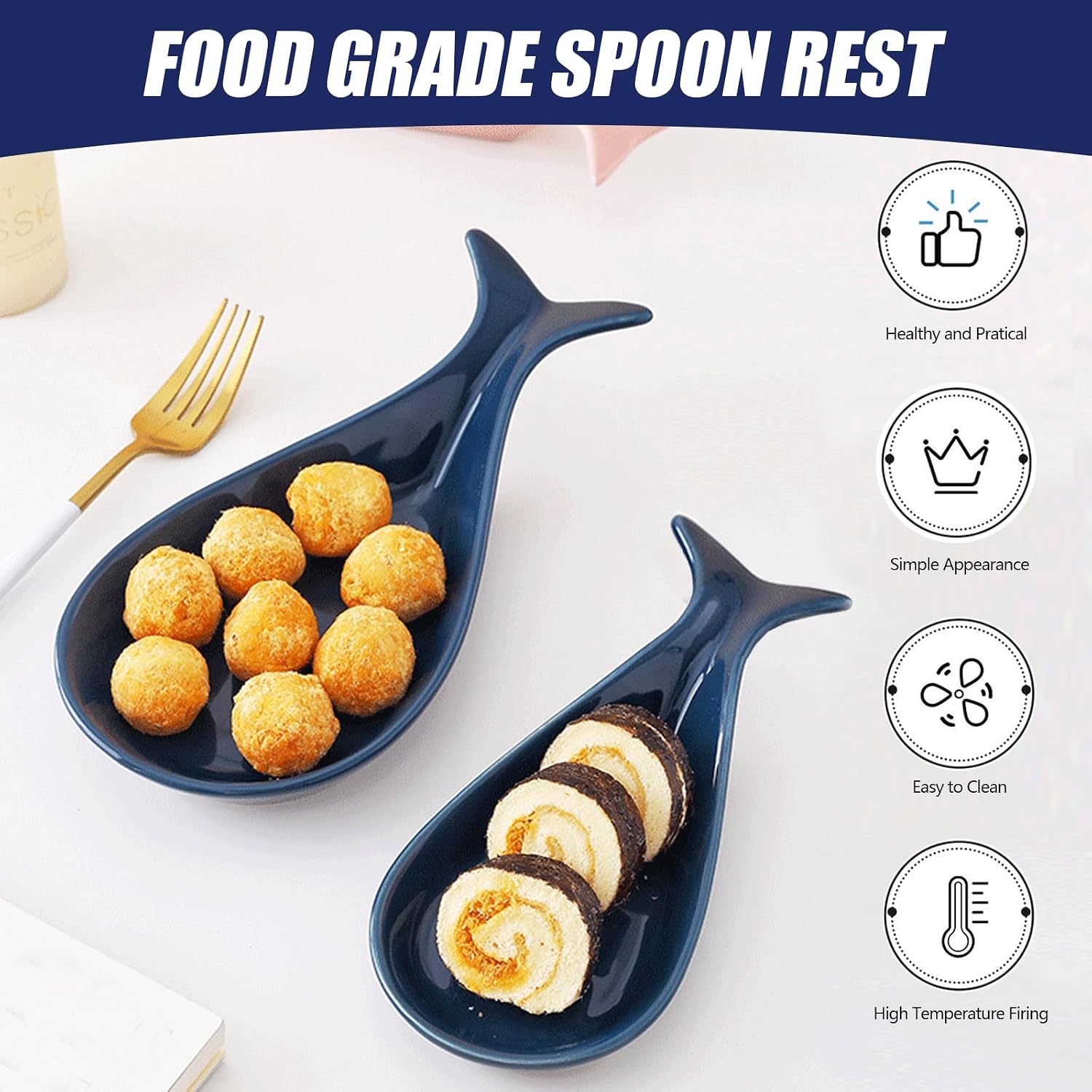 2PC Fish Ceramic Spoon Rest, Navy Blue, 9" x 4.5"