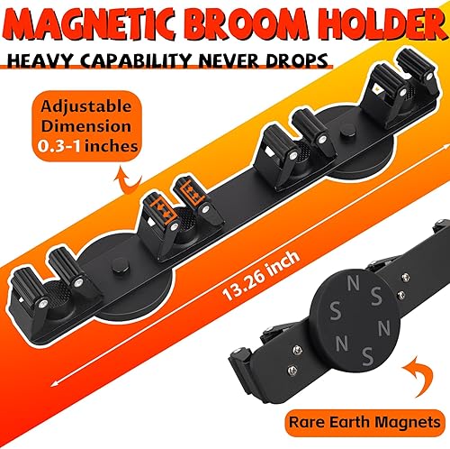 Miniatura 2 de Soporte magnético para escobas, fuerte soporte magnético para trapeador, 4 estantes para herramientas de limpieza, ganchos magnéticos