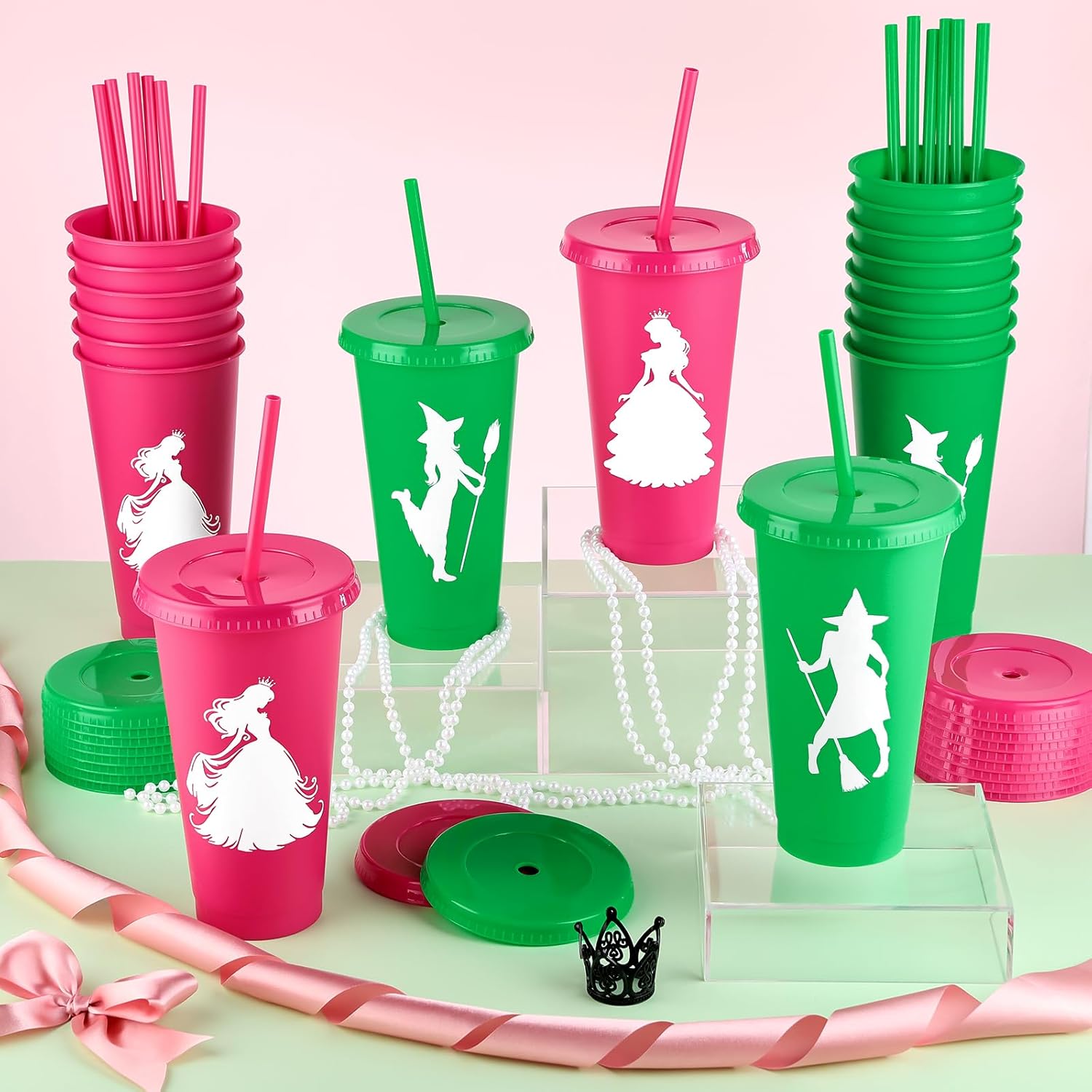 Yoiemivy 24 Pack Pink and Green Plastic Cups with Lids and Straws 24 oz Reusable Holiday Drinking Cups Princess and Witch Themed Party Favors Supplies for Birthday Baby Shower - Image 4