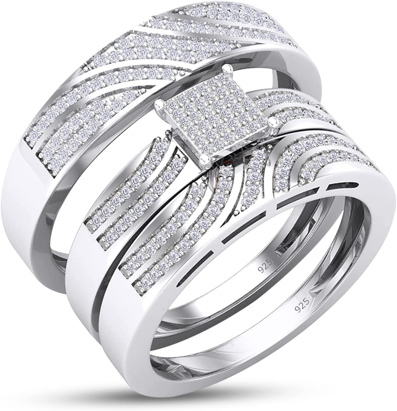 SAVEARTH DIAMONDS 0.50 Carat (ctw) Round White Lab Created Moissanite Diamond Men & Women's Engagement Ring Trio Bridal Set, Sterling Silver