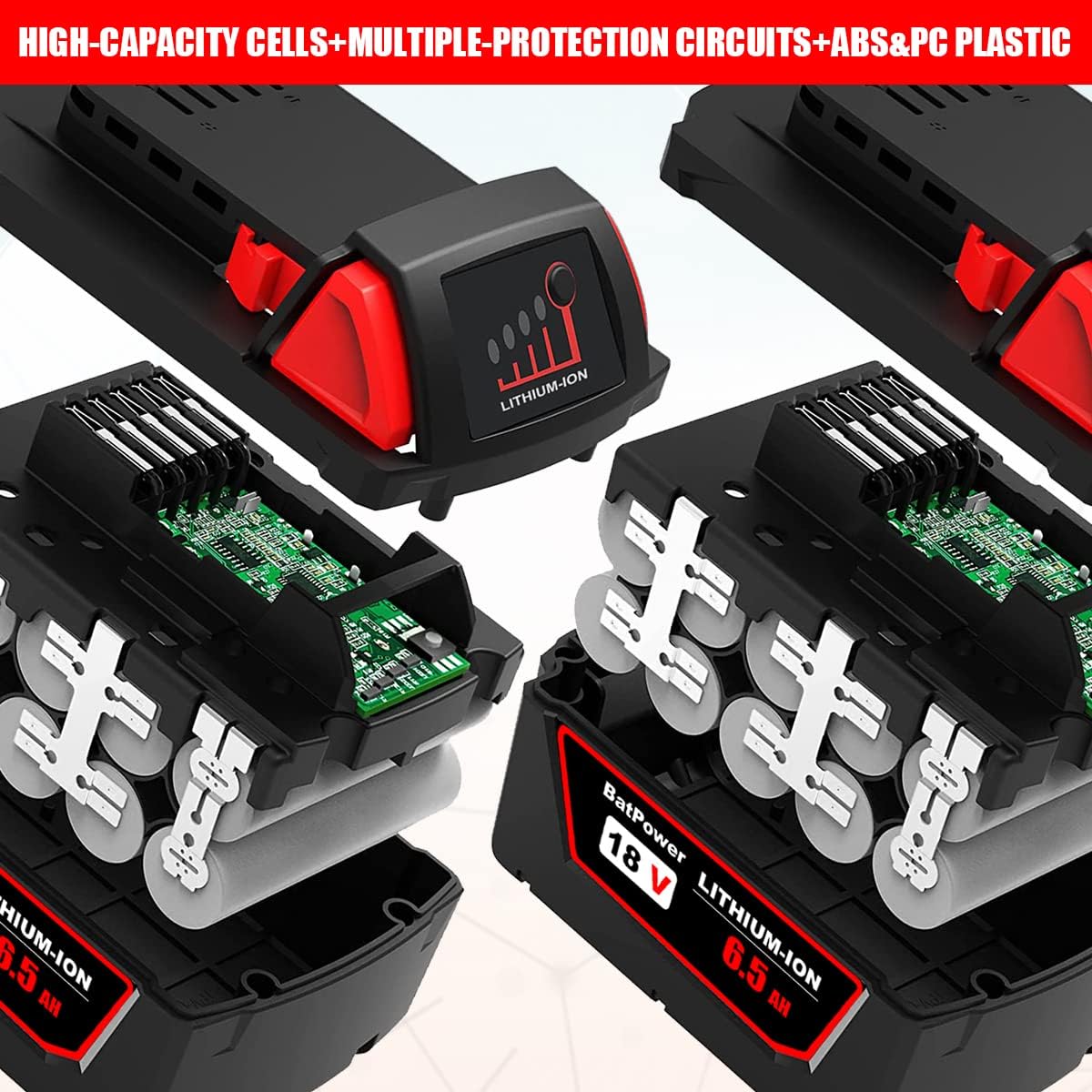 BatPower 2 Pack 18V 6.5Ah Extended Capacity Battery - Replacement for Milwaukee 18V M18 Batteries 48-11-1850 48-11-1850 48-11-1860