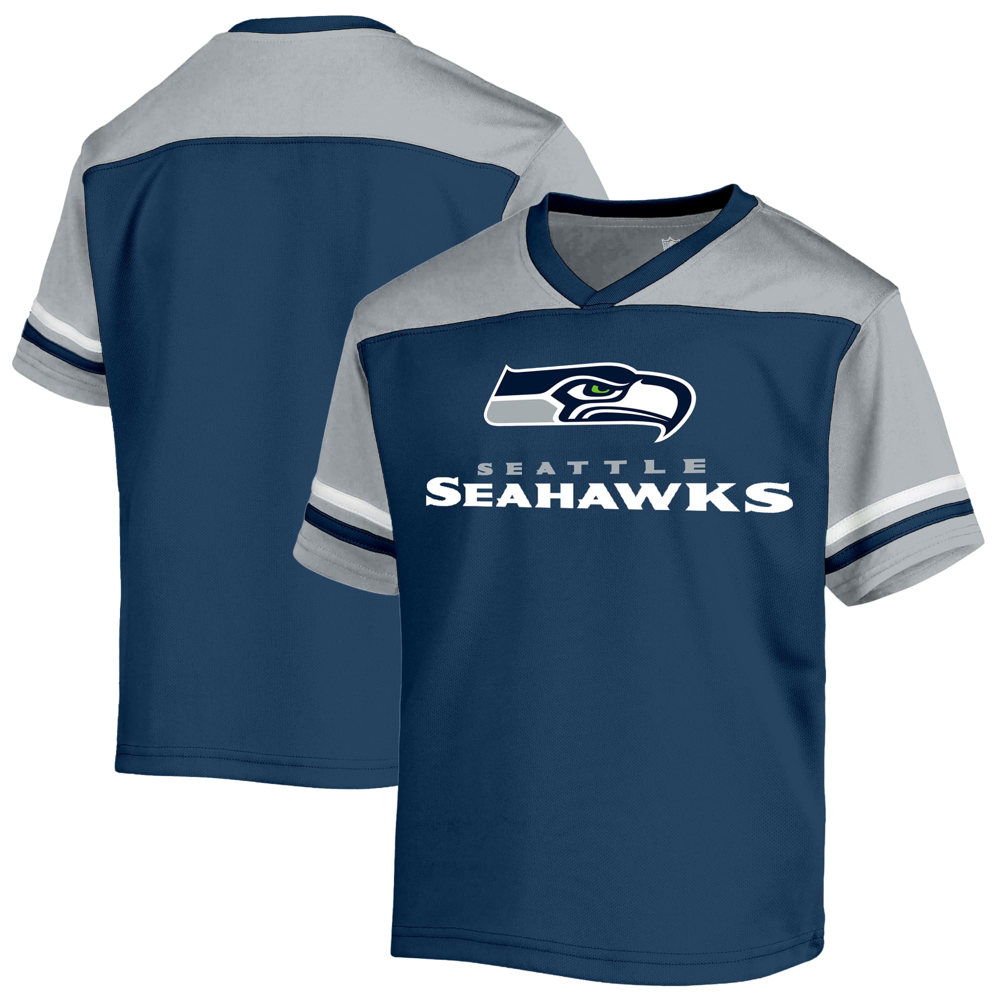 NFL Kids Youth 8-20 Officially Licensed Team Color Wordmark Primary Logo Victory Stripe V-Neck Jersey T-Shirt