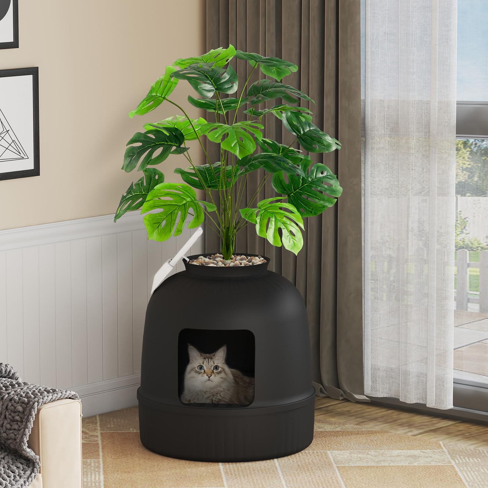 Lifewit Bac Litiere pour Chat avec Désodorisant et Filtre, Maisons de Toilette Chats pour Salon, Chambre à Coucher, Coins, Litiere Chat Fermé avec Fausse Plante, Pelle, 48 x 120 cm, Noir