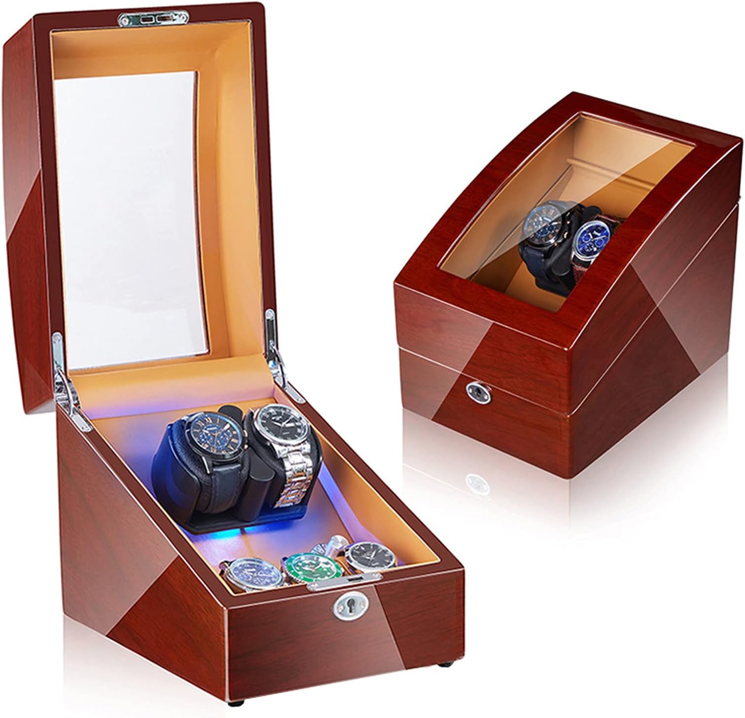 CWZZWS Luxury Automatic Watch Winder 2+3 Storage Display Case Box with Led Backlight Memory Latex Watch Pillow Super Quiet Motor Fit Man Women Automatic Watch,Leather 02,Leather 04