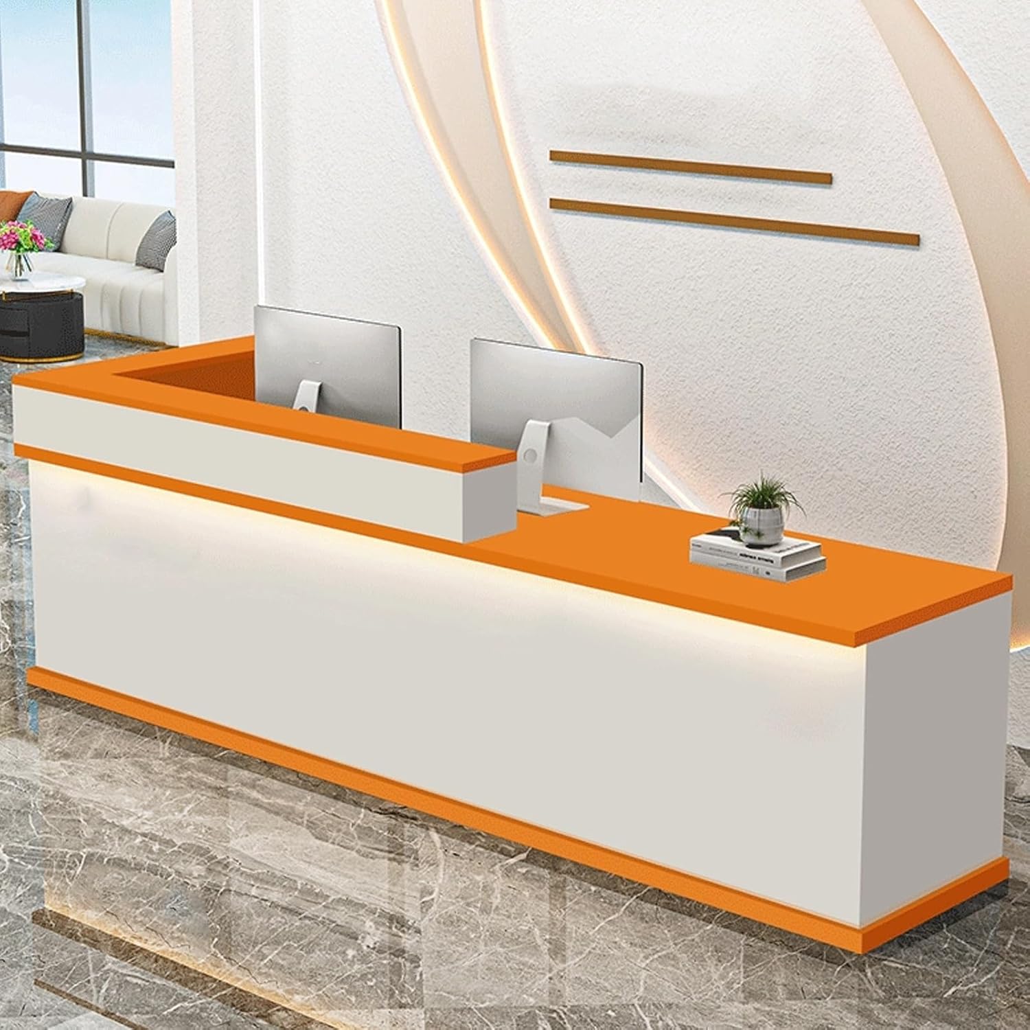 L-Shaped Reception Desk, Wooden Front Desk with Counter, Reception Counter with LED Lights, Front Counter Desk with Lockable Drawer for Lectern Classrooms, Office(White+Orange R,140cm/55in)